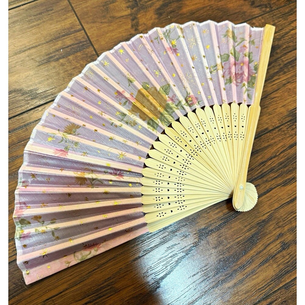 Vintage Folding Bamboo Chinese Hand Fan Flowers, 8.25 in, pink new in box orn W8